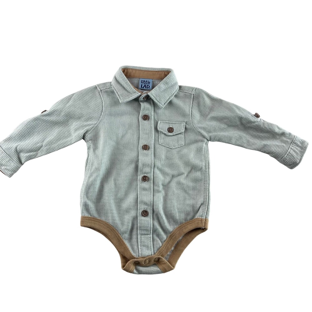 Little Lad Baby Boys Grey Micro Check Long Sleeve Button Down Bodysuit 6/9M